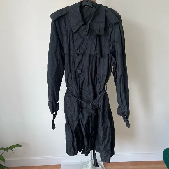 Jean Paul Gaultier 2 Squared Vintage Black Double Breasted Crinkle Trench Coat M - Picture 1 of 12